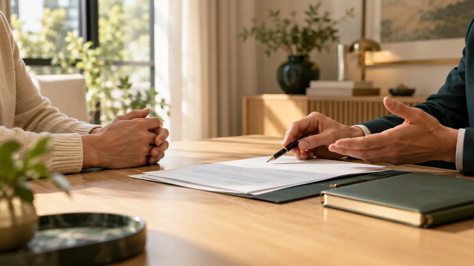Échange autour de documents dans un cabinet chaleureux