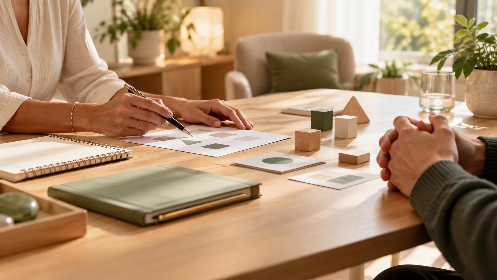 Échange autour de supports d’évaluation dans un cabinet chaleureux